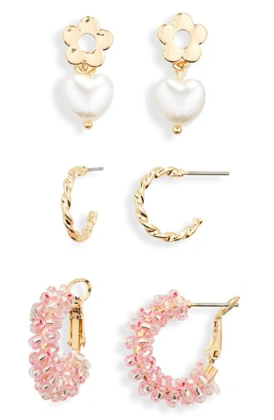 Bp. Assorted 3-pack Imitation Pearl & Hoop Earring Pairs In Goldhite- Pink