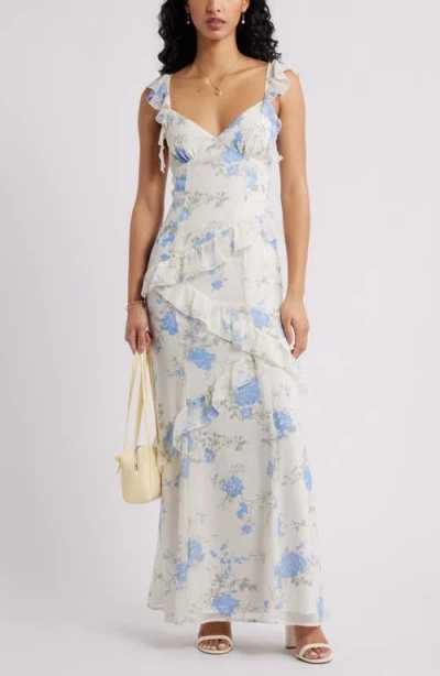Bp. Asymmetric Ruffle Tiered Maxi Dress In Ivory- Blue C Bethany Floral