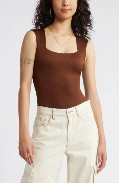 Bp. Butter Rib Square Neck Bodysuit In Brown Tiramisu