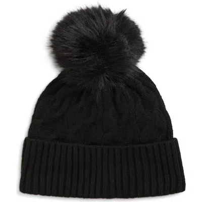Bp. Cable Faux Fur Pom Beanie In Black