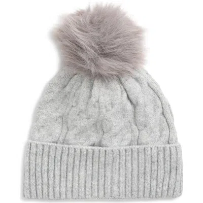 Bp. Cable Faux Fur Pom Beanie In Grey Heather