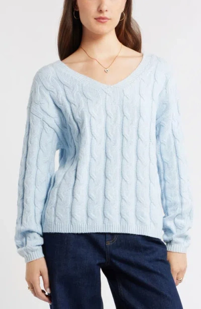 Bp. Cable Knit V-neck Cotton Blend Sweater In Blue