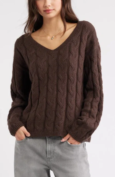 Bp. Cable Knit V-neck Cotton Blend Sweater In Brown