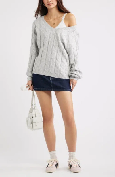 Bp. Cable Knit V-neck Cotton Blend Sweater In Gray