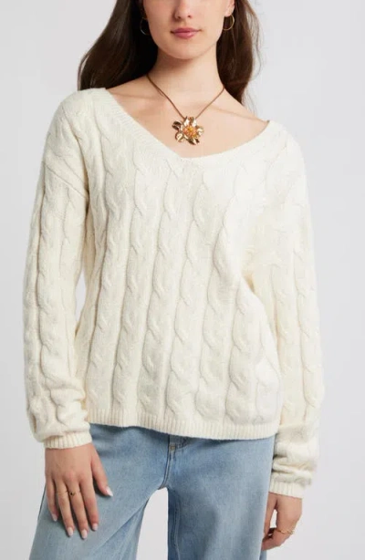 Bp. Cable Knit V-neck Cotton Blend Sweater In White