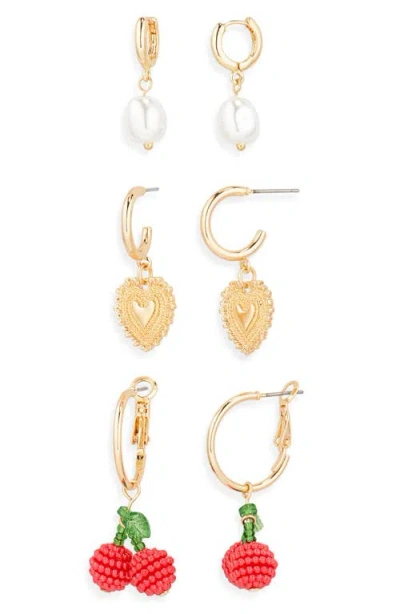 Bp. Cherry Fun Set Of 3 Huggie Hoop Earrings In Ivory- Goldherry