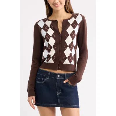 Bp. Crewneck Cotton Blend Cardigan In Brown Argyle