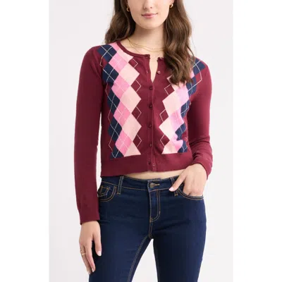Bp. Crewneck Cotton Blend Cardigan In Burgundy Argyle
