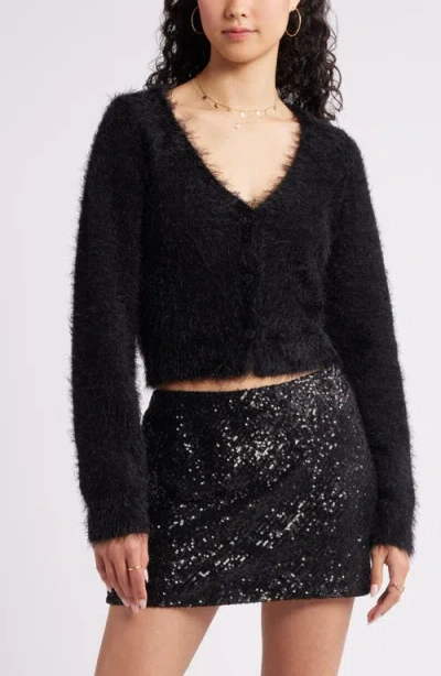 Bp. Eyelash V-neck Crop Cardigan In Black