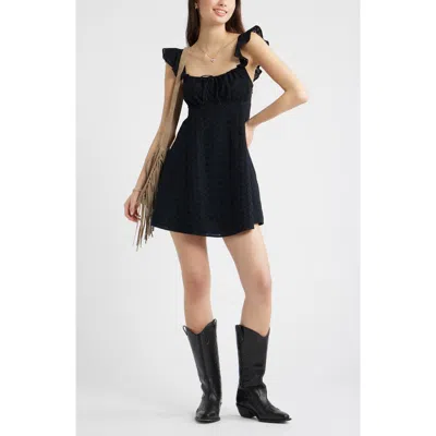 Bp. Eyelet Embroidery Flutter Sleeve Minidress In Black