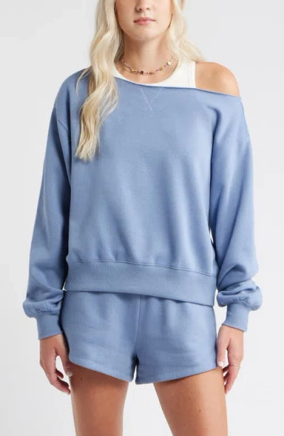 Bp. Fleece Detail Off The Shoulder Sweatshirt In Blue