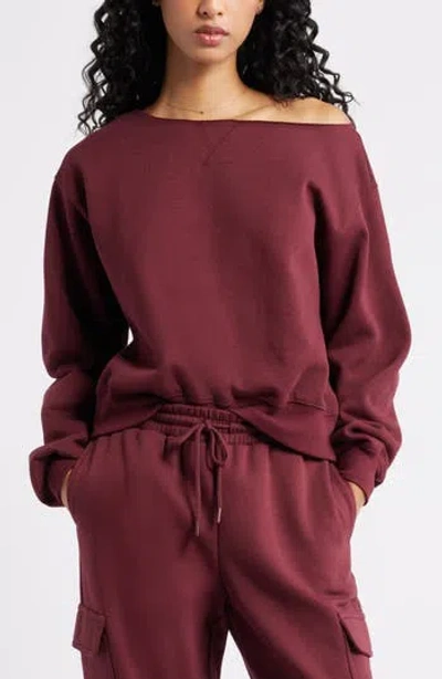 Bp. Fleece Off The Shoulder Sweatshirt In Burgundy Tannin