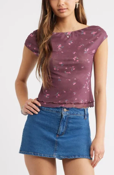 Bp. Floral Mesh Cap Sleeve Top In Purple