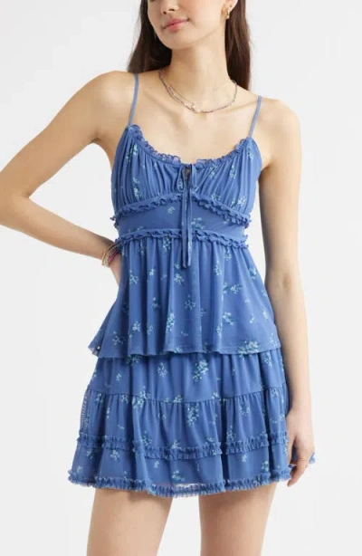 Bp. Floral Mesh Ruffle Trim Camisole In Blue
