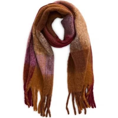 Bp. Fringe Blanket Scarf In Brown- Purple Multi Plaid