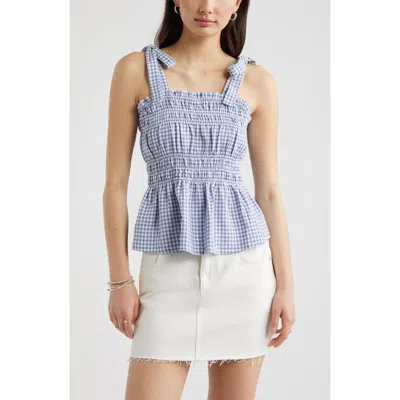 Bp. Gingham Shirred Linen Blend Top In Blue