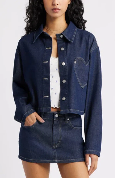 Bp. Heart Pocket Crop Denim Shacket In Blue