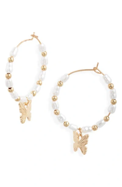 Bp. Imitation Pearl Butterfly Hoop Earrings In Goldhite
