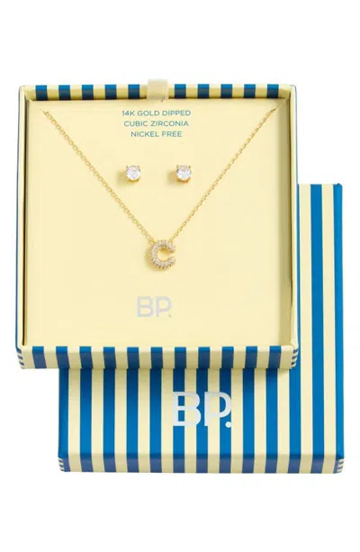 Bp. Initial Pendant Necklace & Stud Earrings Set In Gold