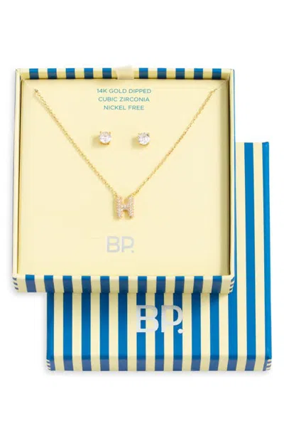 Bp. Initial Pendant Necklace & Stud Earrings Set In Gold