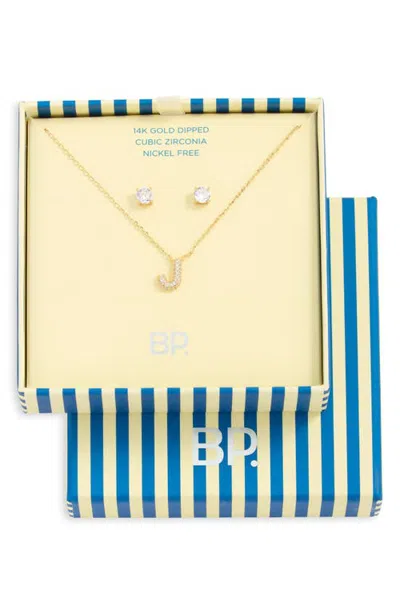 Bp. Initial Pendant Necklace & Stud Earrings Set In Gold
