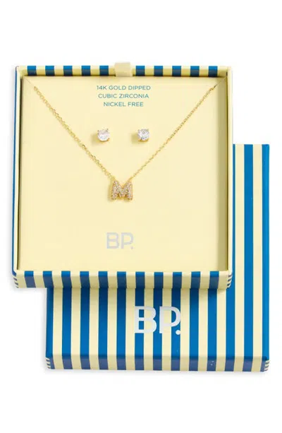 Bp. Initial Pendant Necklace & Stud Earrings Set In Gold