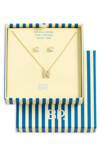 Bp. Initial Pendant Necklace & Stud Earrings Set In Gold