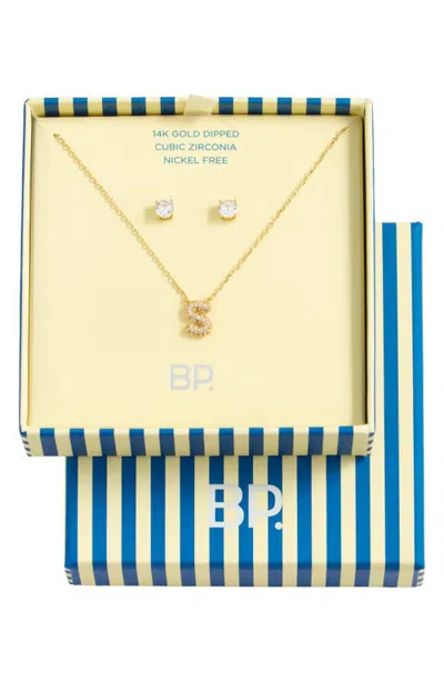 Bp. Initial Pendant Necklace & Stud Earrings Set In Gold