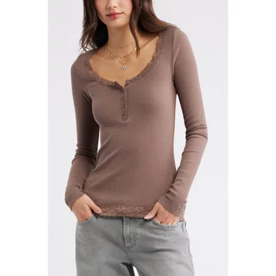 Bp. Lace Trim Cotton Blend Rib Henley In Brown