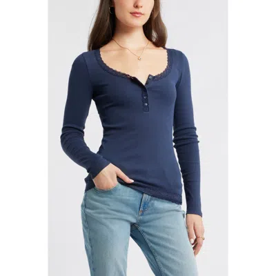 Bp. Lace Trim Cotton Blend Rib Henley In Blue