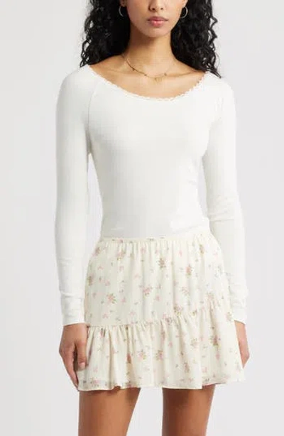 Bp. Lace Trim Long Sleeve Top In White
