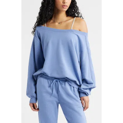 Bp. Lace Trim Off The Shoulder Cotton Blend Sweatshirt In Blue