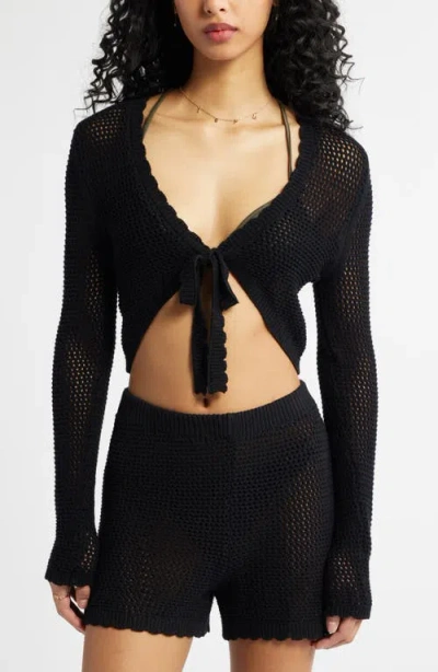 Bp. Open Stitch Tie Front Crop Cardigan In Black