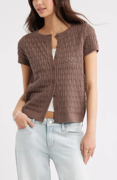 Bp. Pointelle Short Sleeve Cardigan In Brown