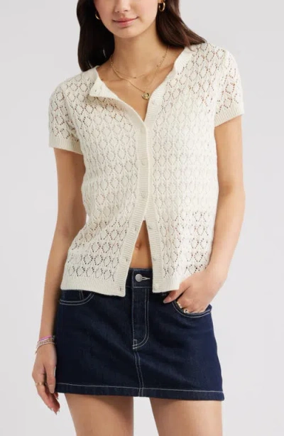 Bp. Pointelle Short Sleeve Cardigan In Brown