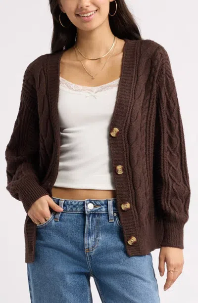Bp. Relaxed Cable Stitch V-neck Cardigan In Brown