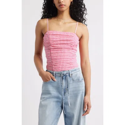 Bp. Ruched Gingham Camisole In Pink Butterfly Gingham