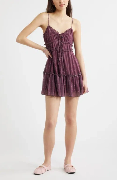 Bp. Ruffle Tie Front Tiered Mini Sundress In Burgundy