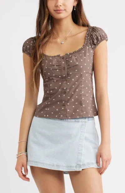 Bp. Ruffle Trim Cap Sleeve Cotton Top In Brown