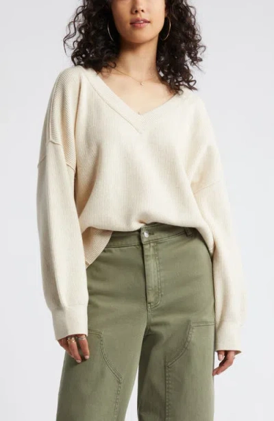 Bp. Seamed Oversize V-neck Rib Sweater In Beige Oatmeal Light Heather