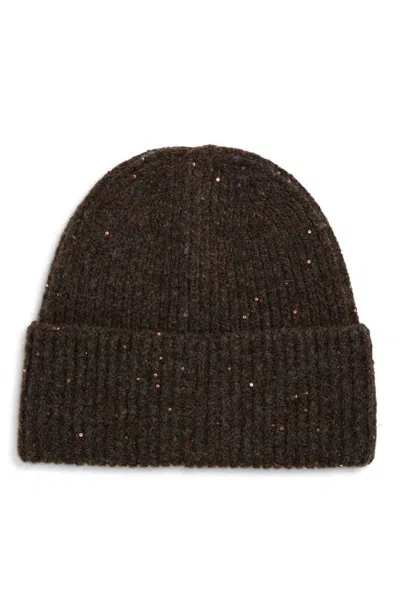 Bp. Sequined Rib Knit Beanie In Brown Coffee