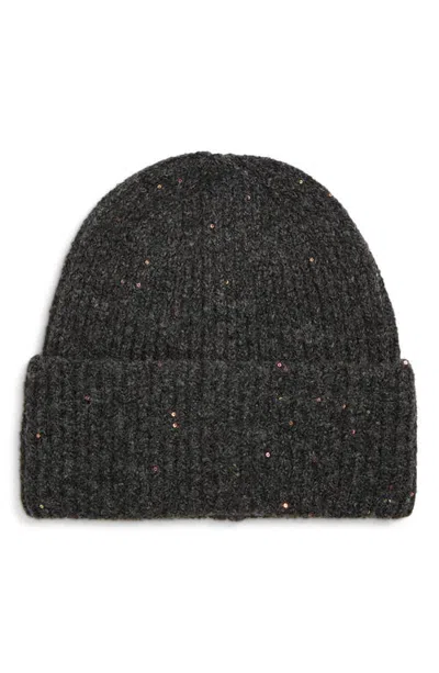 Bp. Sequined Rib Knit Beanie In Grey Charcoal