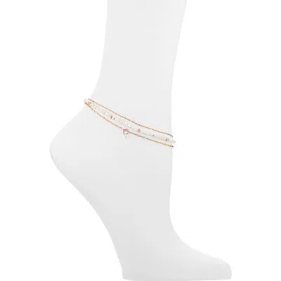 Bp. Set Of 3 Assorted Faux Pearl Bead & Chain Anklets In Gold