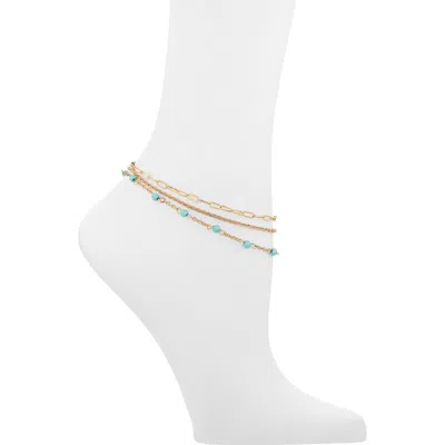 Bp. Set Of 3 Assorted Station Bead & Chain Anklets In Gold