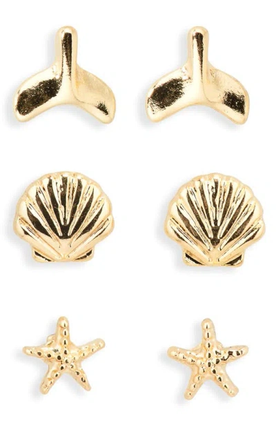Bp. Set Of 3 Fin, Shell & Starfish Stud Earrings In Gold