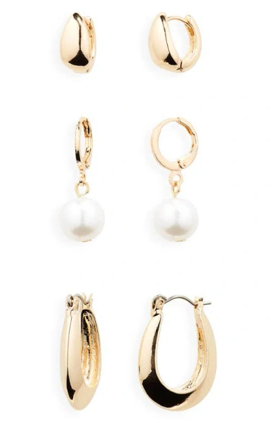 Bp. Set Of 3 Imitation Pearl Hoop Earrings In Goldhite