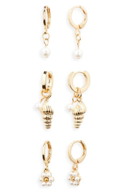 Bp. Set Of 3 Imitation Pearl Shell Huggie Hoop Earrings In Gold