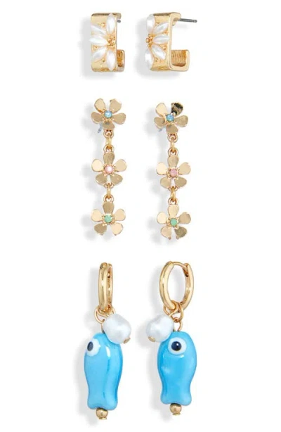 Bp. Set Of 3 Pairs Fish Hoop & Drop Earrings In Gold