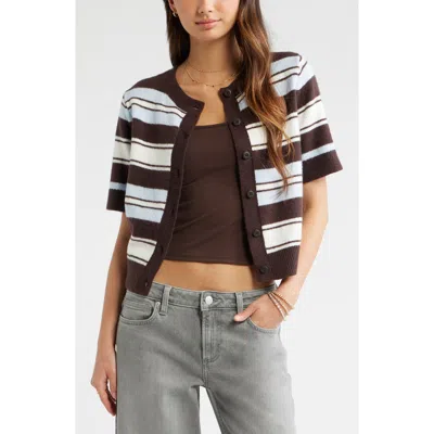 Bp. Short Sleeve Cardigan In Brown Coffee Blue Bird Stripe