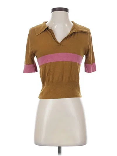 Pre-owned Bp. Short Sleeve Top Brown Color Block Pattern Collared Neckline Tops